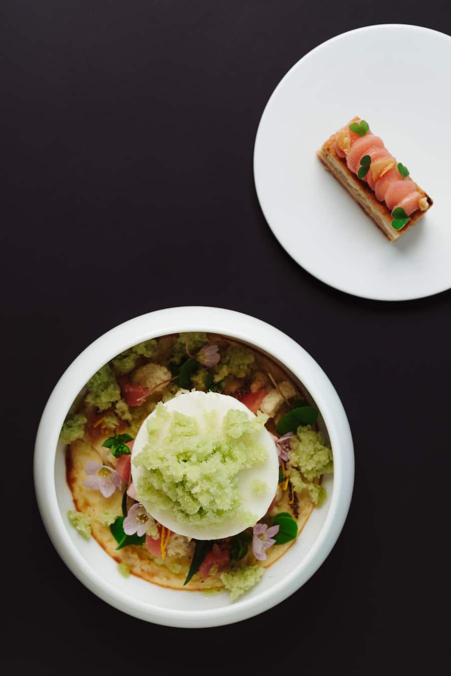 Cheesecake, Rhabarber-Sorbet, Joghurt, Sauerkleegranitee, Rhabarber-Tarte.