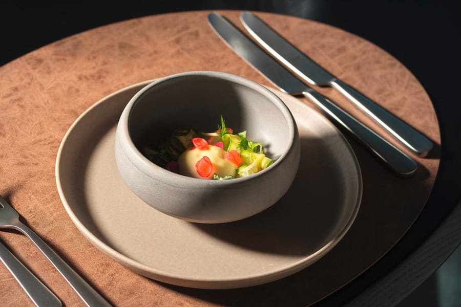 Gemüse Ceviche mit eingelegter Gurke und frischem Apfel. Zitronengras Schaum. Joseph's Titlis Tower, Engelberg, OW