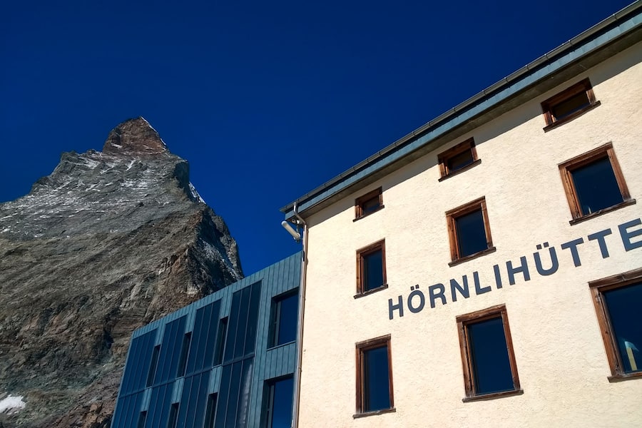 View looking up hornli ridge on the Matterhorn from the hornli hut hotel situated on the Matterhorn ridge, Swiss alps, zermatt. Taken 09/14/2018