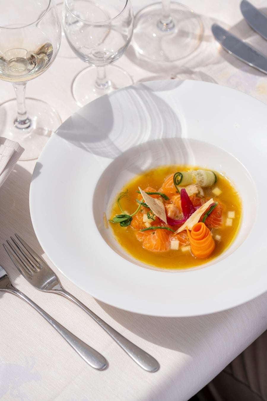 Gourmetfestival St. Moritz 2026. Chefs Lunch im Bergrestaurant Trutz in St. Moritz. Ceviche vom Bremgartner Backsaibling. Fotografiert am 27. August 2026