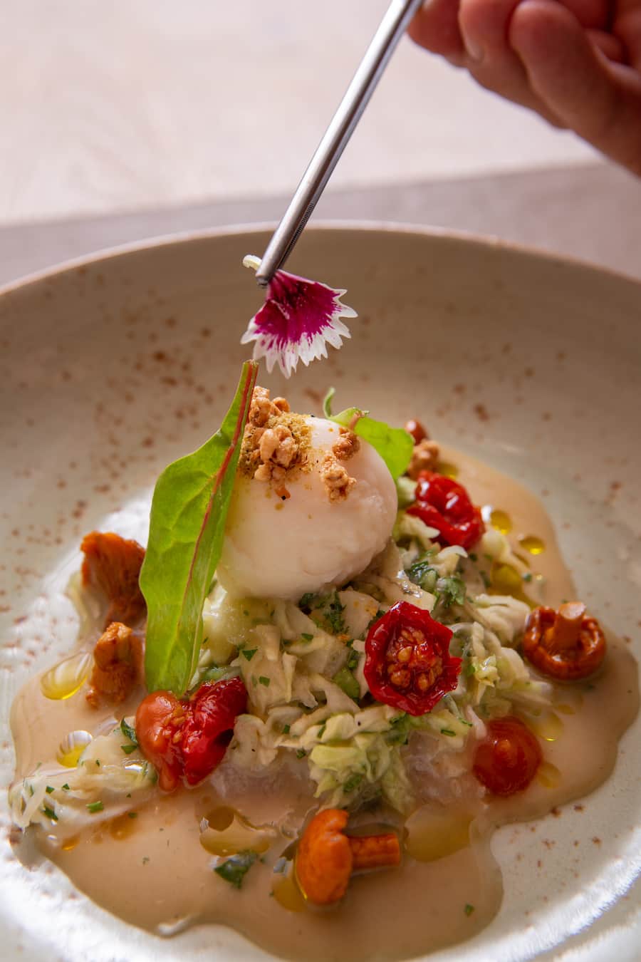 Rohes, mariniertes Saiblingsfilet vom Quellpark Kundelfingerhof Diessenhofen, mit weissem Tomatenglace, Weisskabis und marinierten Eierschwämmli