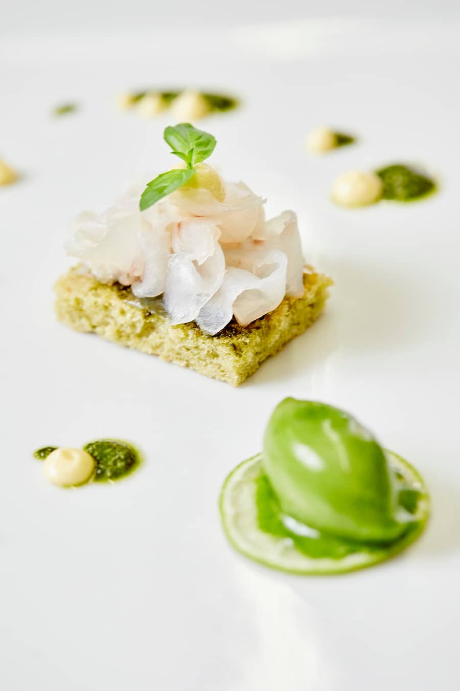 Wolfsbarsch, Basilikum, Limette. CASA ALVA, Restaurant & Hotel, Reto & Saskia Gadola, GenussGastroGadola GmbH, Via Visut 31, 7014 Trin, am 16.03.2020. Foto Lucia Hunziker